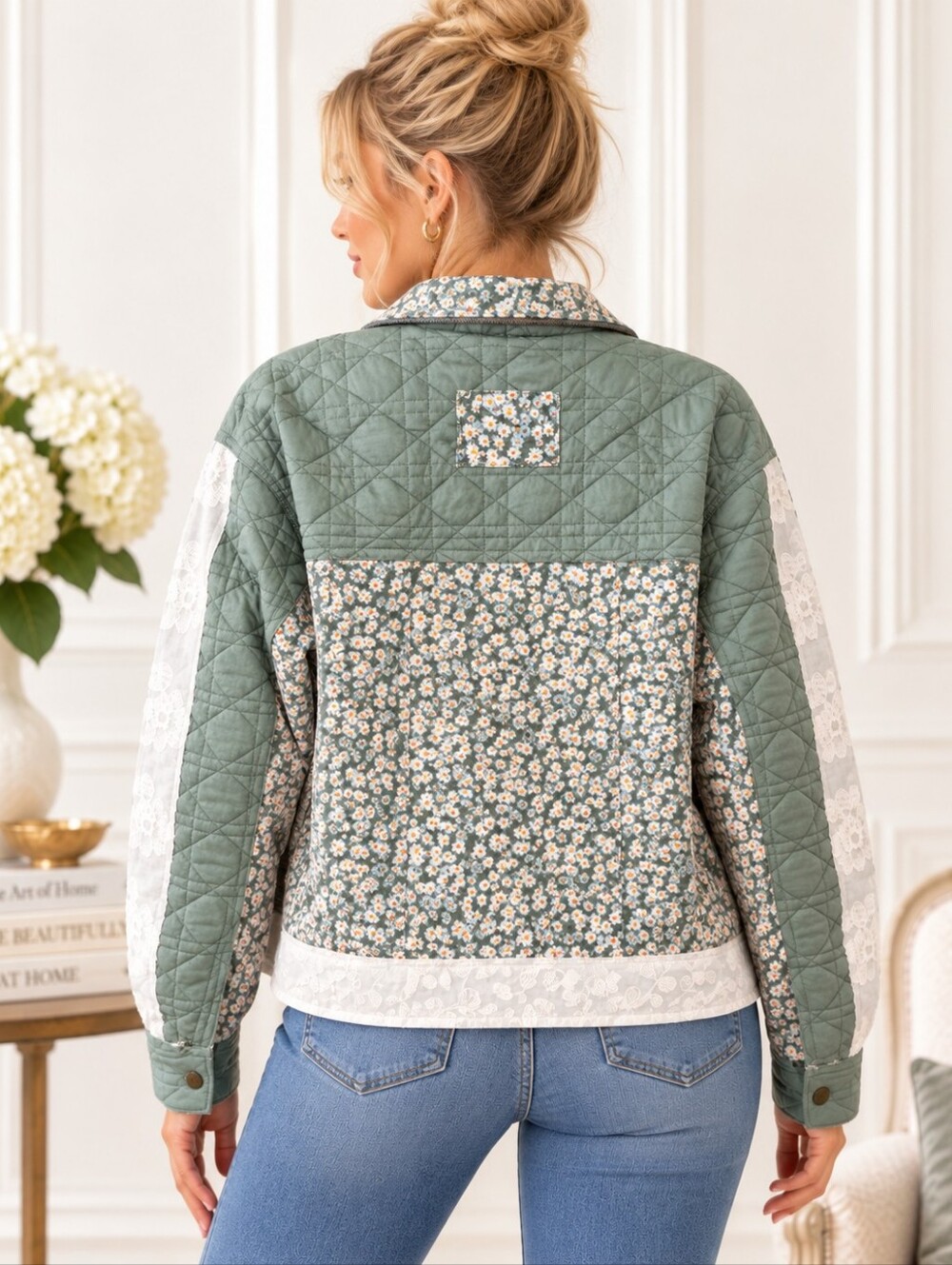 Ampersand Avenue | Quilted Jacket Size XS Sage Floral Lace Patchwork Cottagecore - Picture 3 of 9